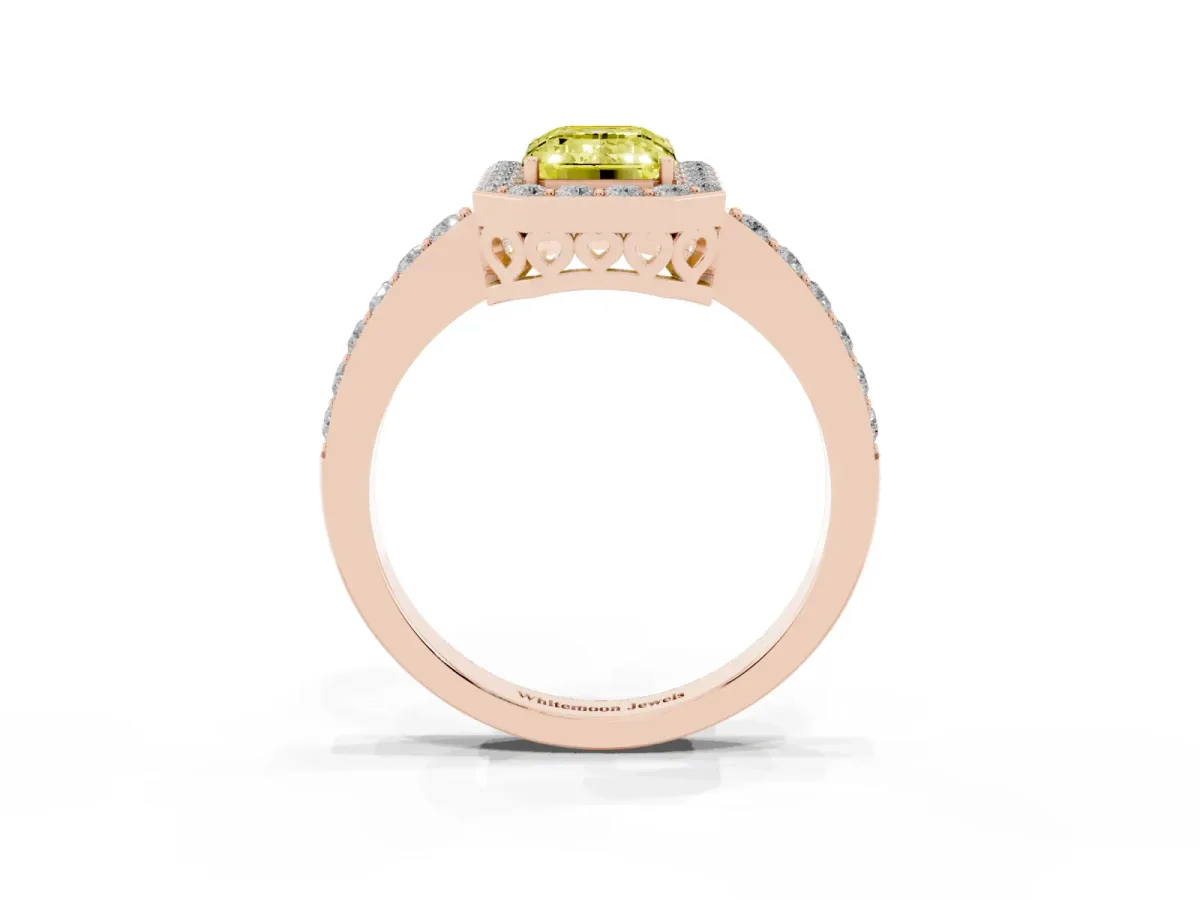 Fancy Yellow Emerald Cut Halo Diamond Pavé Band Ring with Prong Setting Rose gold