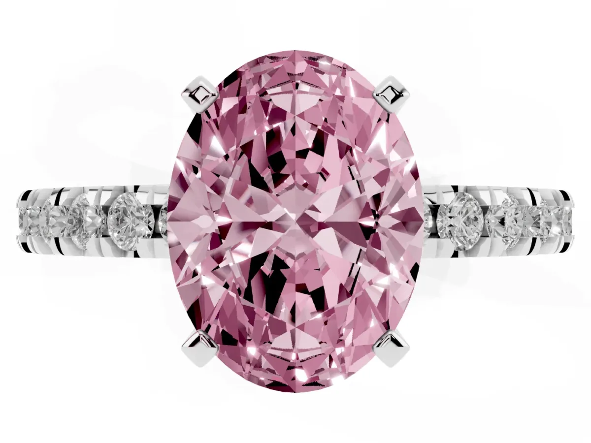 Fancy Pink Oval Cut Diamond Pavé Band Solitaire with Four-Prong Setting Platinum
