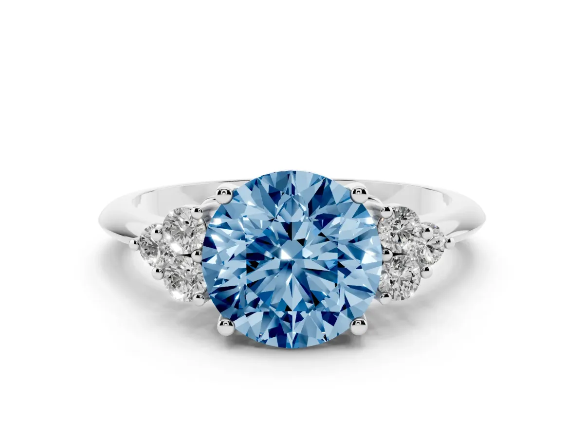 Fancy Blue Round Cut Cut Diamond Cluster Ring with Solitaire Band and Four-Prong Setting Silver