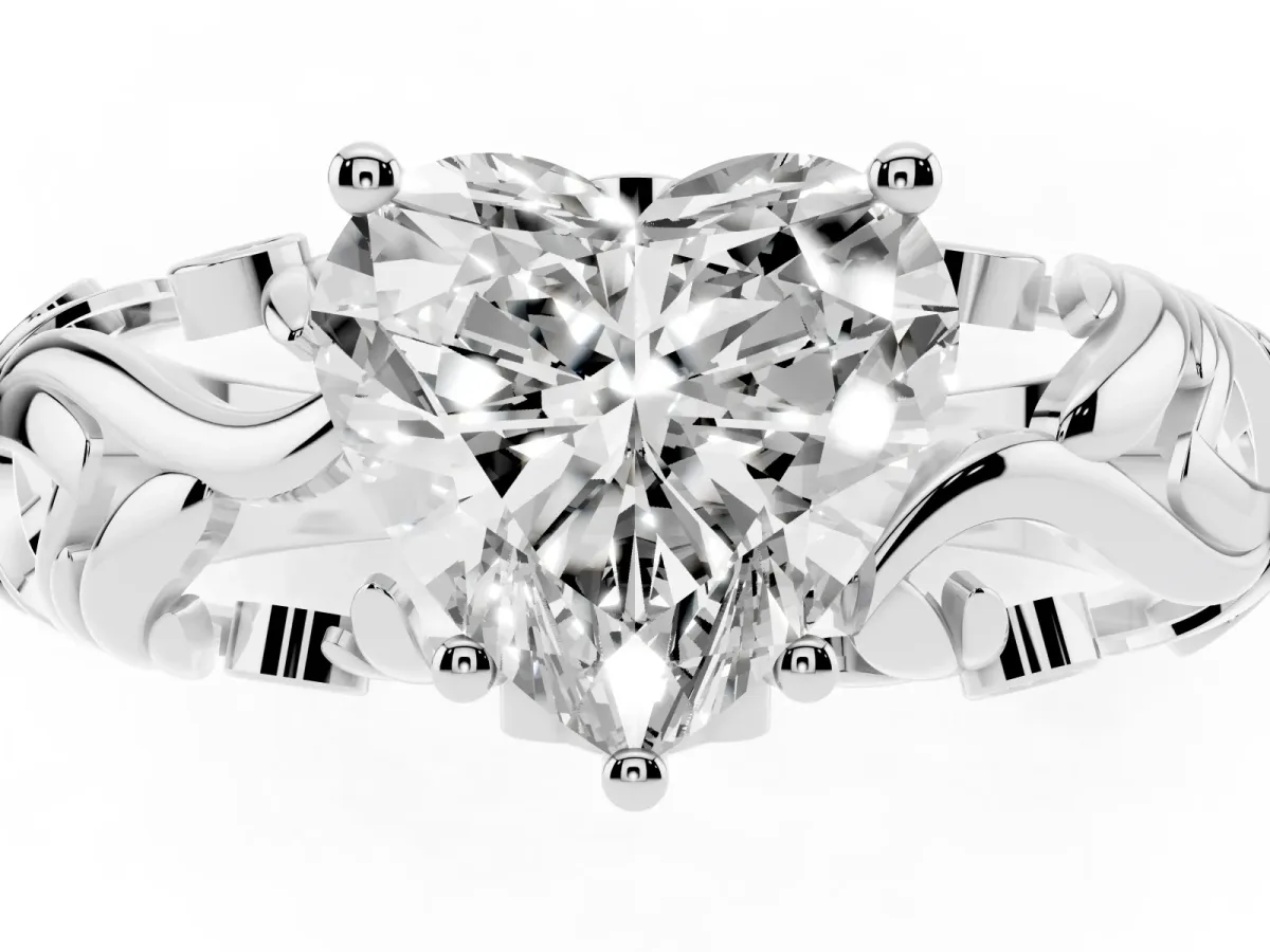 Heart Cut Solitaire Diamond Leaf-Inspired Vine Band Ring with Prong Setting Silver