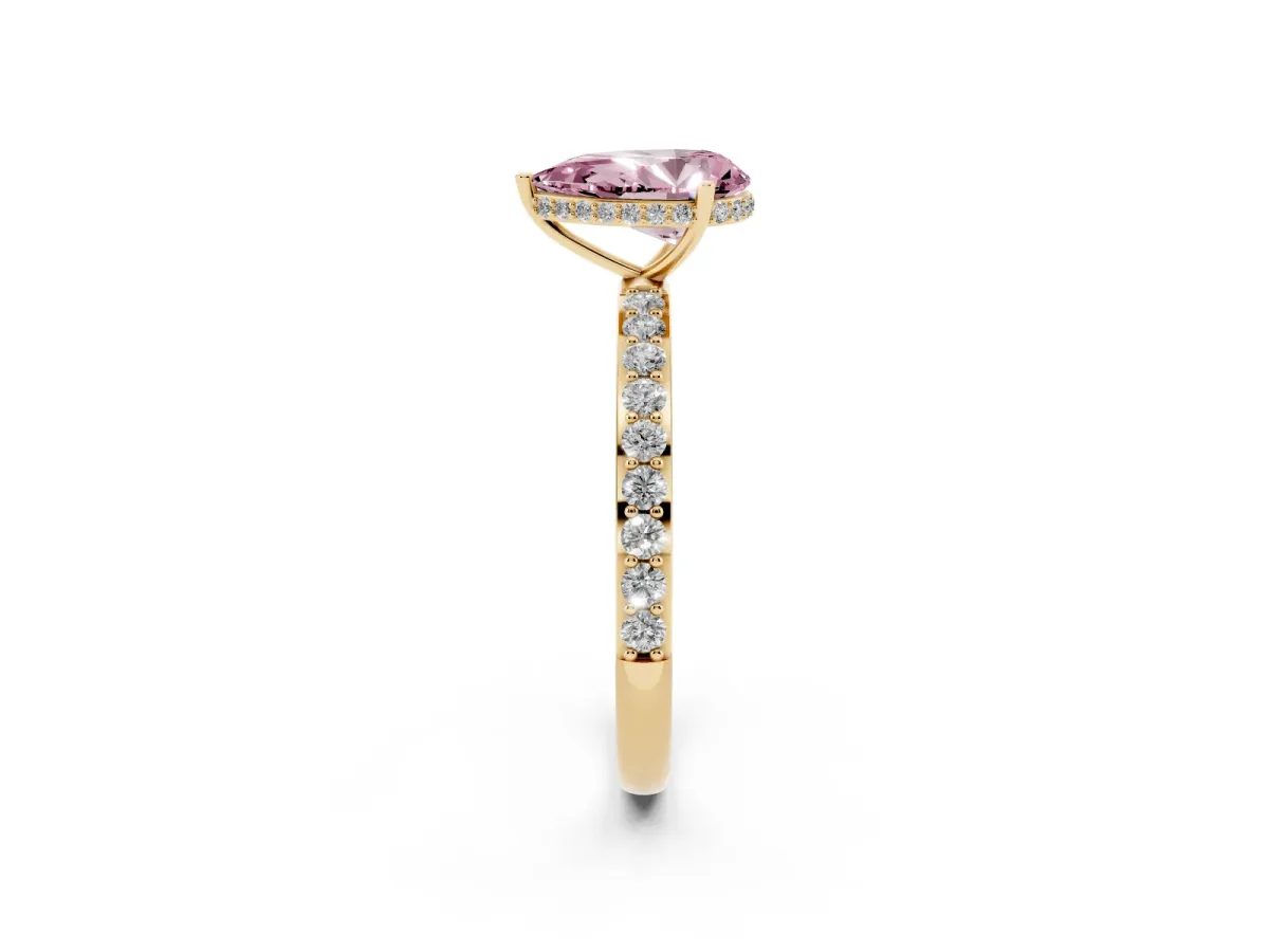 Fancy Pink Pear Cut Diamond Solitaire Ring with Pavé Band and Hidden Halo Yellow gold
