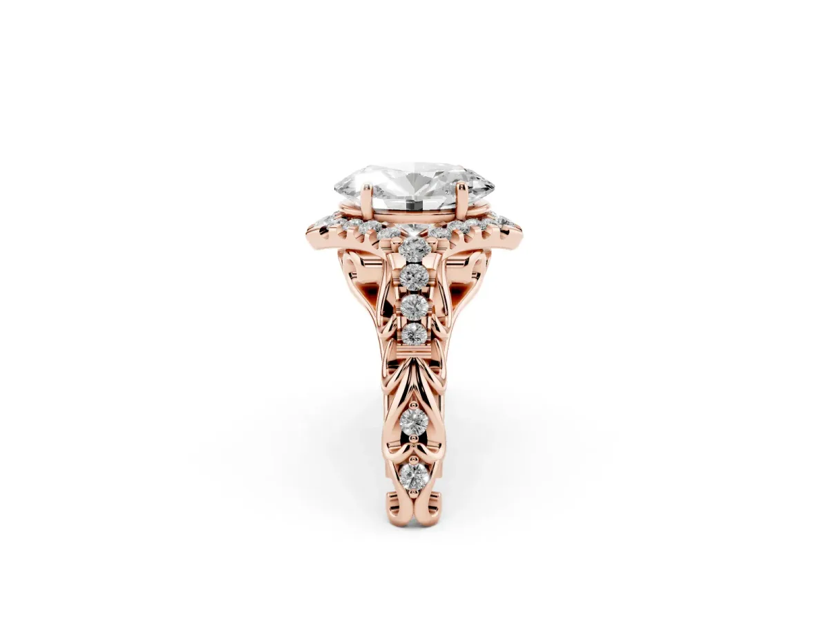 Oval Cut Diamond Solitaire Ring with Hidden Halo and Pavé Band Rose gold