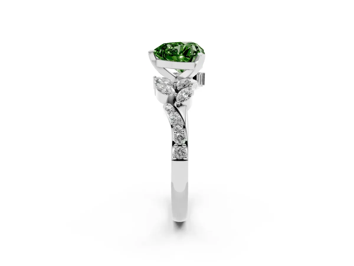 Fancy Green Heart Cut Solitaire Marquise Twist Band with Six-Prong Setting Silver