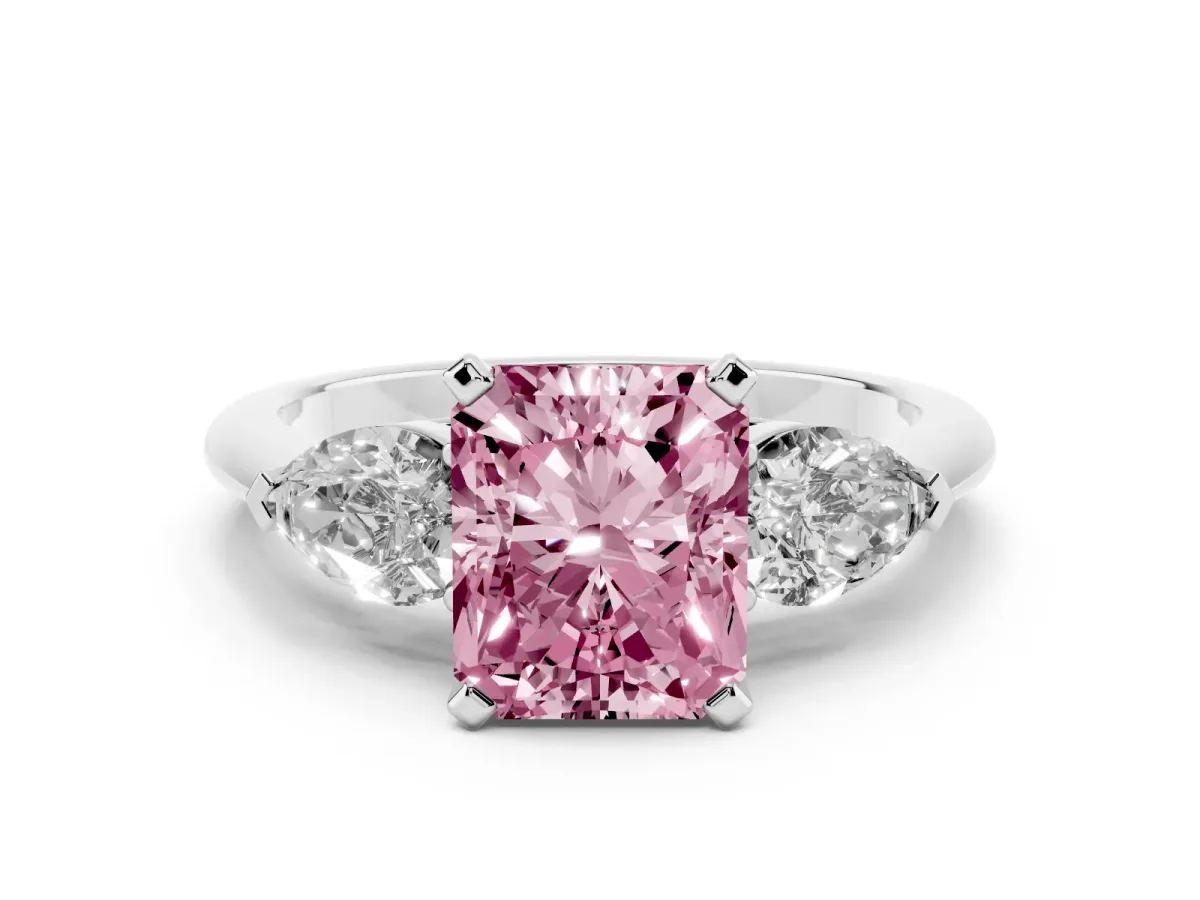 Fancy Pink Three-Stone Radiant Cut Diamond Ring with Pear Side Stones and Four-Prong Setting Silver