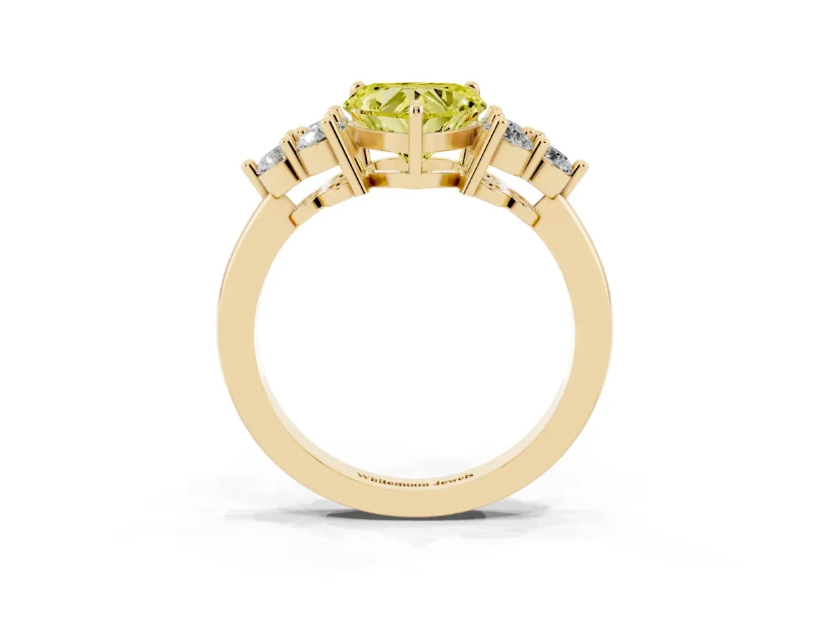 Fancy Yellow Heart Cut Brilliant Diamond Cluster Accent Solitaire Ring with Prong Setting Yellow gold