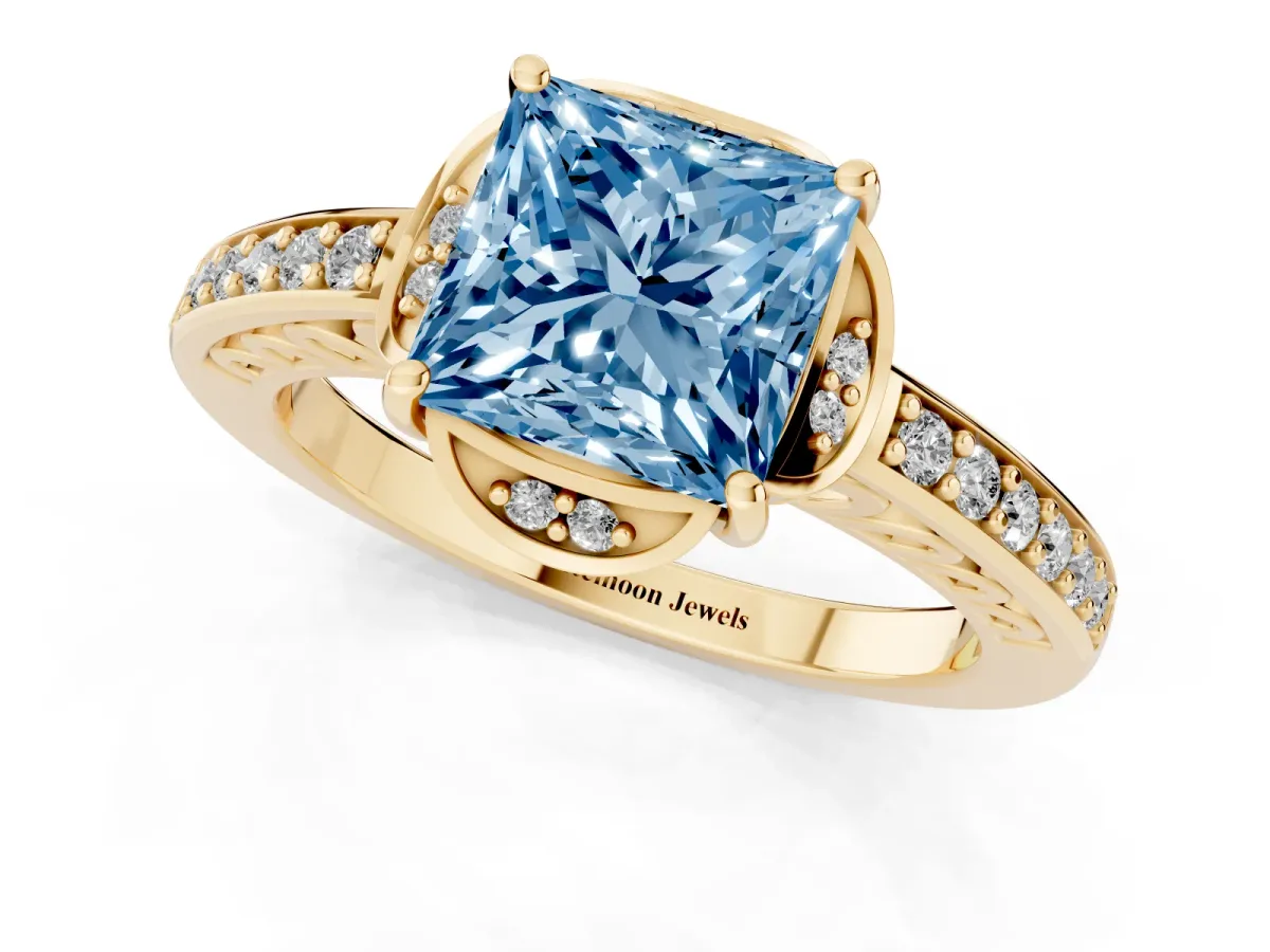 Fancy Blue Princess Cut Cut Halo Diamond Ring with Channel Set Band and Four-Prong Setting Yellow gold
