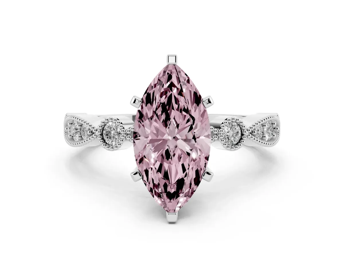 Fancy Pink Marquise Cut Milgrain Bezel Diamond Engagement Ring with Solitaire Prong Setting Silver