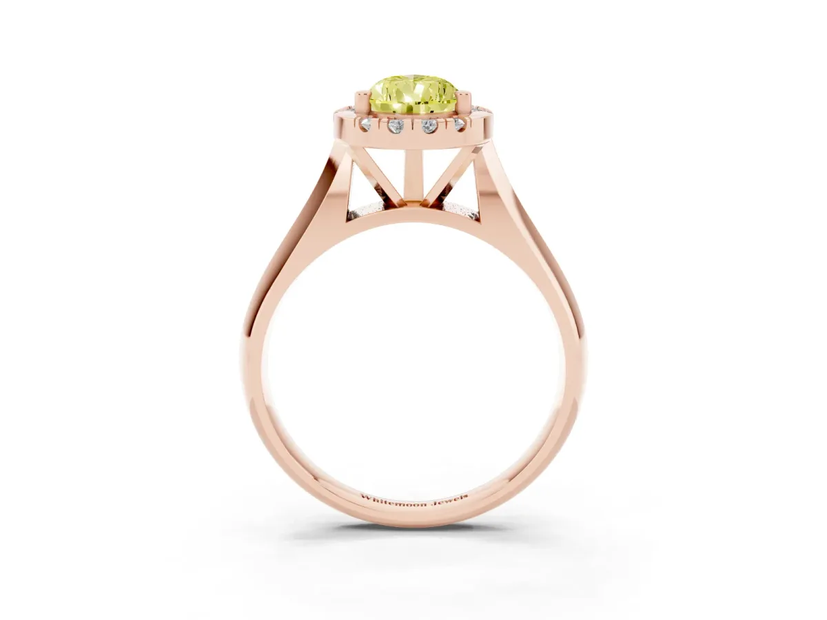 Fancy Yellow Pear Cut Cut Halo Solitaire Engagement Ring with Square Band and Four-Prong Setting Rose gold
