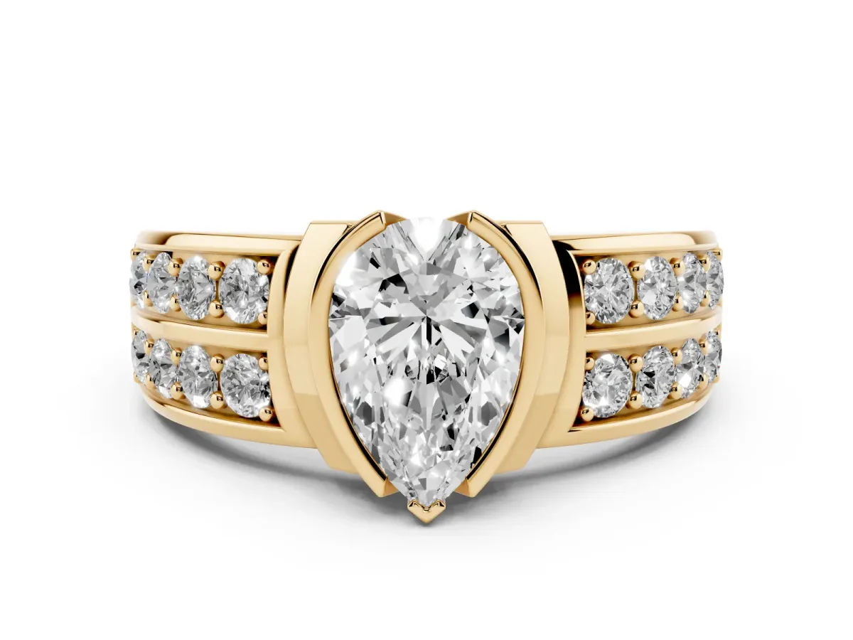 Pear Cut Brilliant Diamond Channel Set Wide Band Ring with Bezel Setting Yellow gold