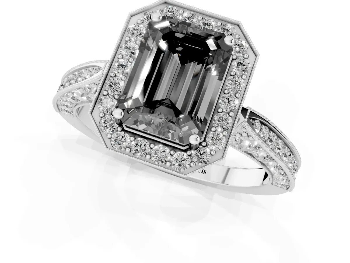 Fancy Black Emerald Cut Halo Diamond Engagement Ring with Split Shank Band and Four-Prong Setting Silver