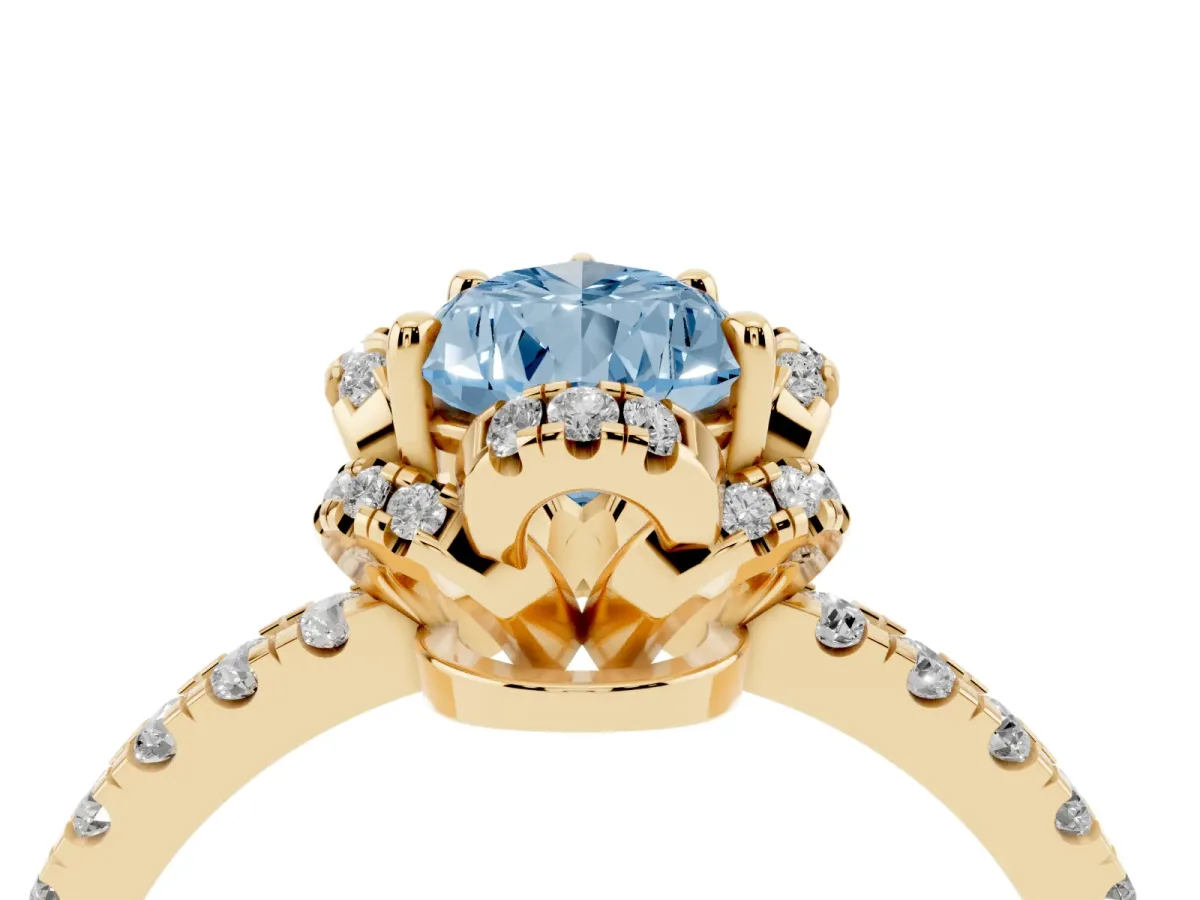 Fancy Blue Pear Cut Halo Diamond Pave Band Ring with Four-Prong Setting Yellow gold