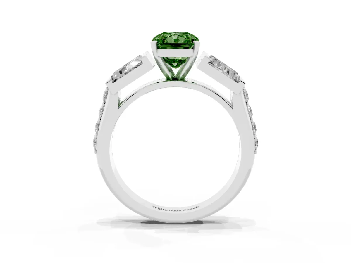 Fancy Green Radiant Cut Diamond Engagement Ring with Baguette Side Stones and Channel Set Band Silver