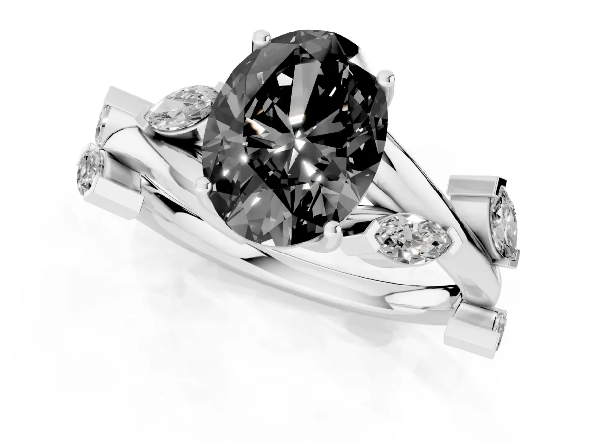 Fancy Black Oval Cut Solitaire Twisted Band Marquise Accent Prong Setting Ring White gold