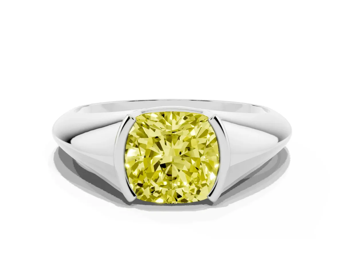Fancy Yellow Cushion Cut Solitaire Tension Set Diamond Ring Silver