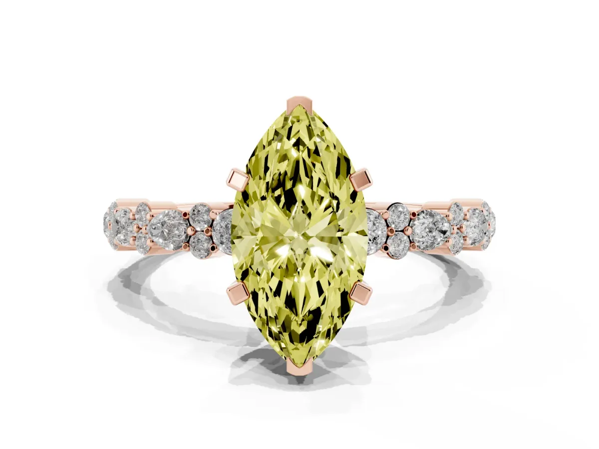 Fancy Yellow Marquise Cut Diamond Side Stone Solitaire Ring with Round and Four-Prong Setting Rose gold
