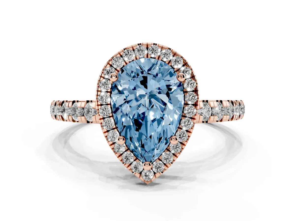 Fancy Blue Pear Cut Diamond Halo Ring with Pavé Band and Four-Prong Setting Rose gold