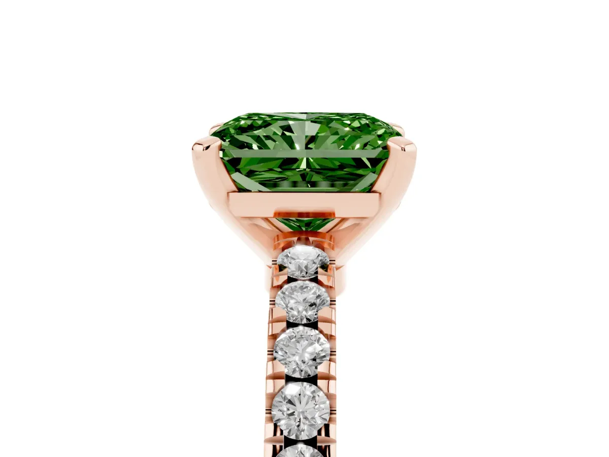 Fancy Green Radiant Cut Solitaire Diamond with Pavé Band and Four-Prong Setting Rose gold