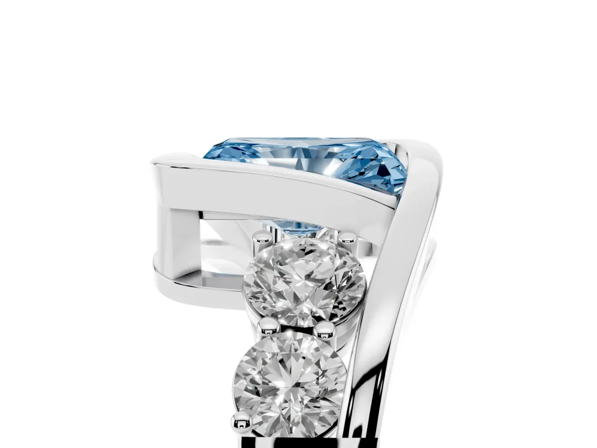 Fancy Blue Bezel Set Radiant Cut Diamond Bypass Ring with Round Accents Silver