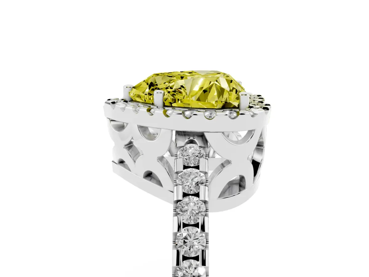 Fancy Yellow Heart Cut Diamond Halo Engagement Ring with Pavé Band and Prong Setting White gold