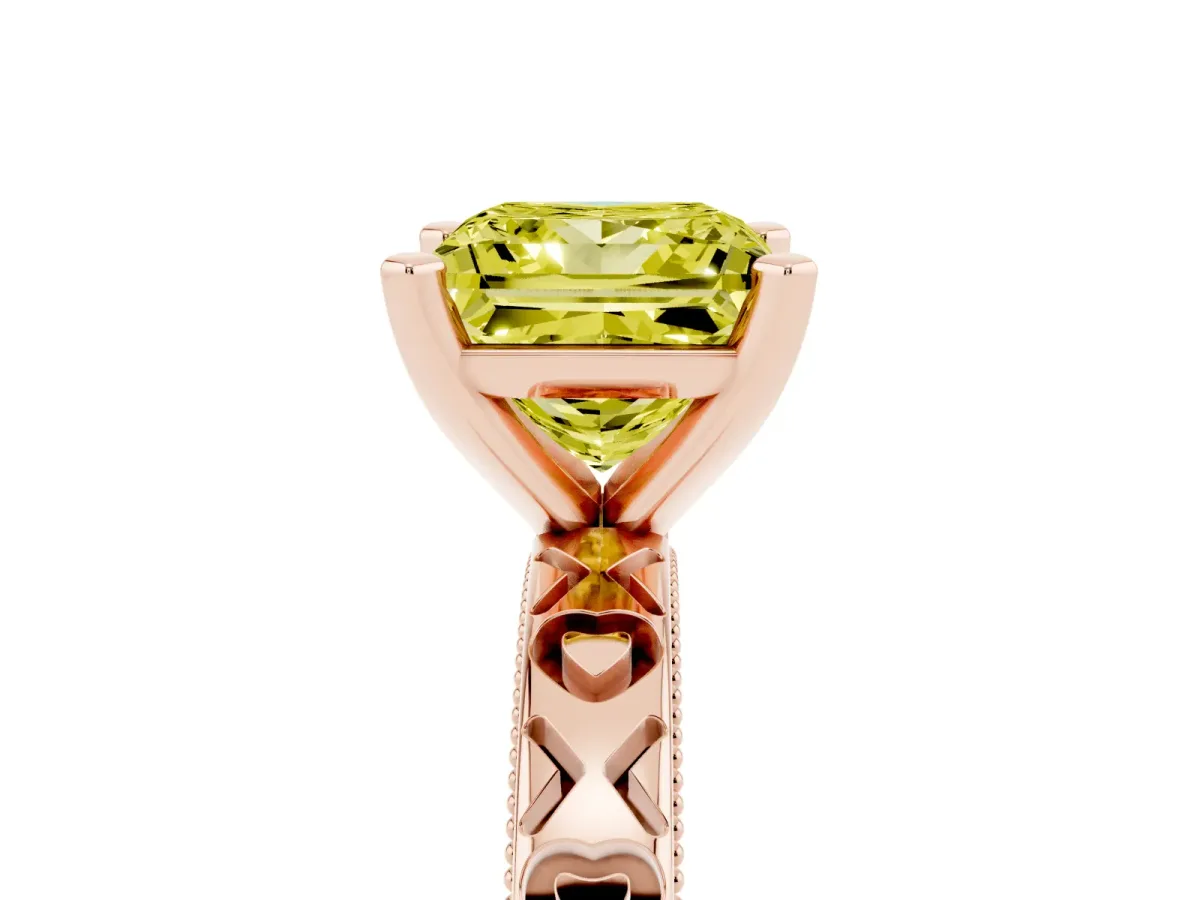 Fancy Yellow Princess Cut Solitaire Diamond Engagement Ring with XO Engraved Band and Four-Prong Setting Rose gold