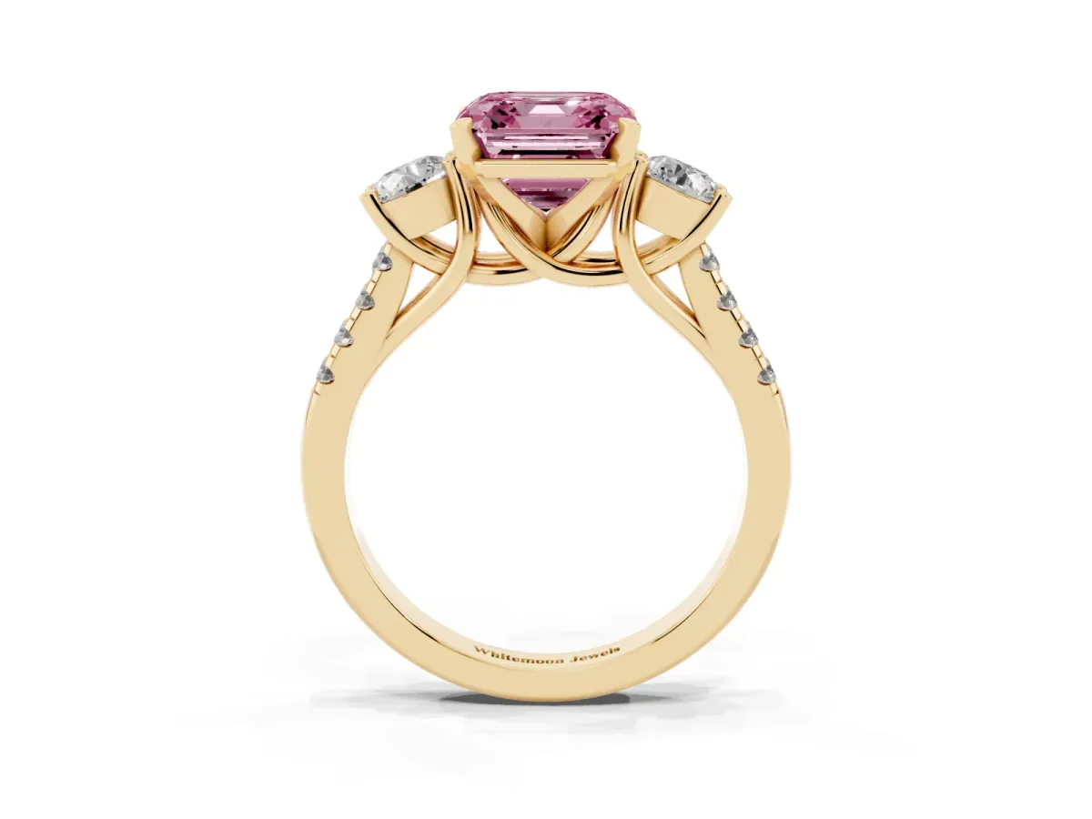 Fancy Pink Three-Stone Asscher Cut Diamond Pavé Band with Four-Prong Setting Yellow gold