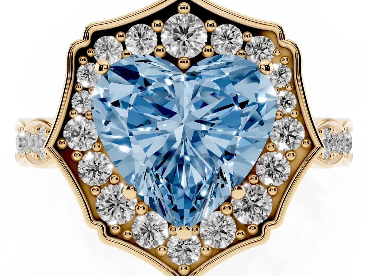 Fancy Blue Heart Cut Halo Diamond Engagement Ring with Milgrain Band and Four-Prong Setting Yellow gold