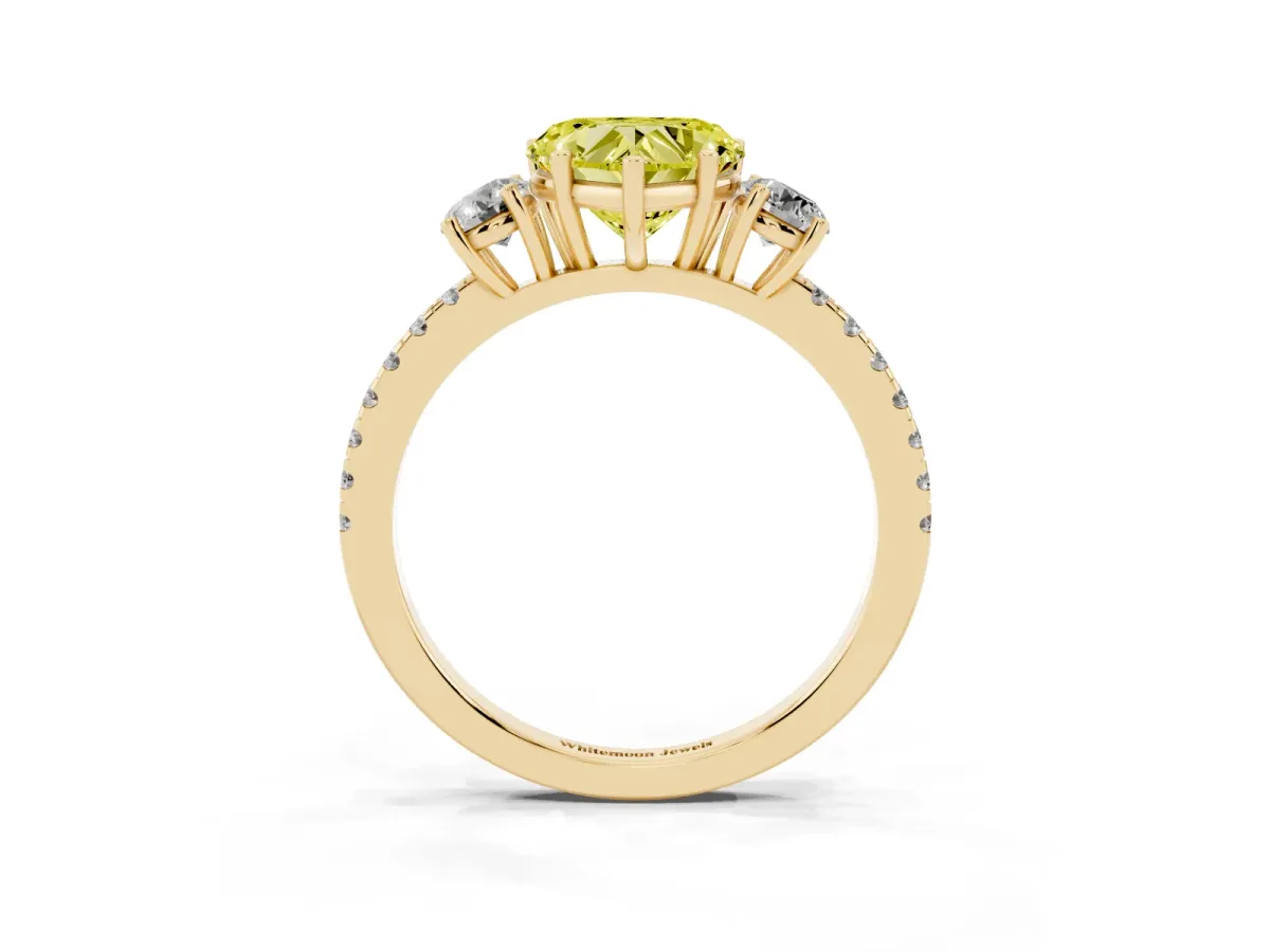 Fancy Yellow Three-Stone Heart Cut Cut Diamond Pavé Band with Prong Setting Yellow gold