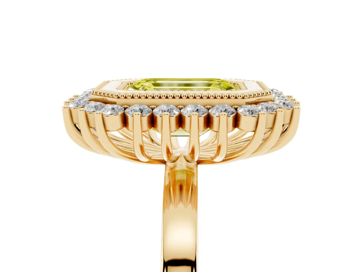 Fancy Yellow Emerald Cut Halo Diamond Ring with Milgrain Edge and Round Prong Setting Yellow gold