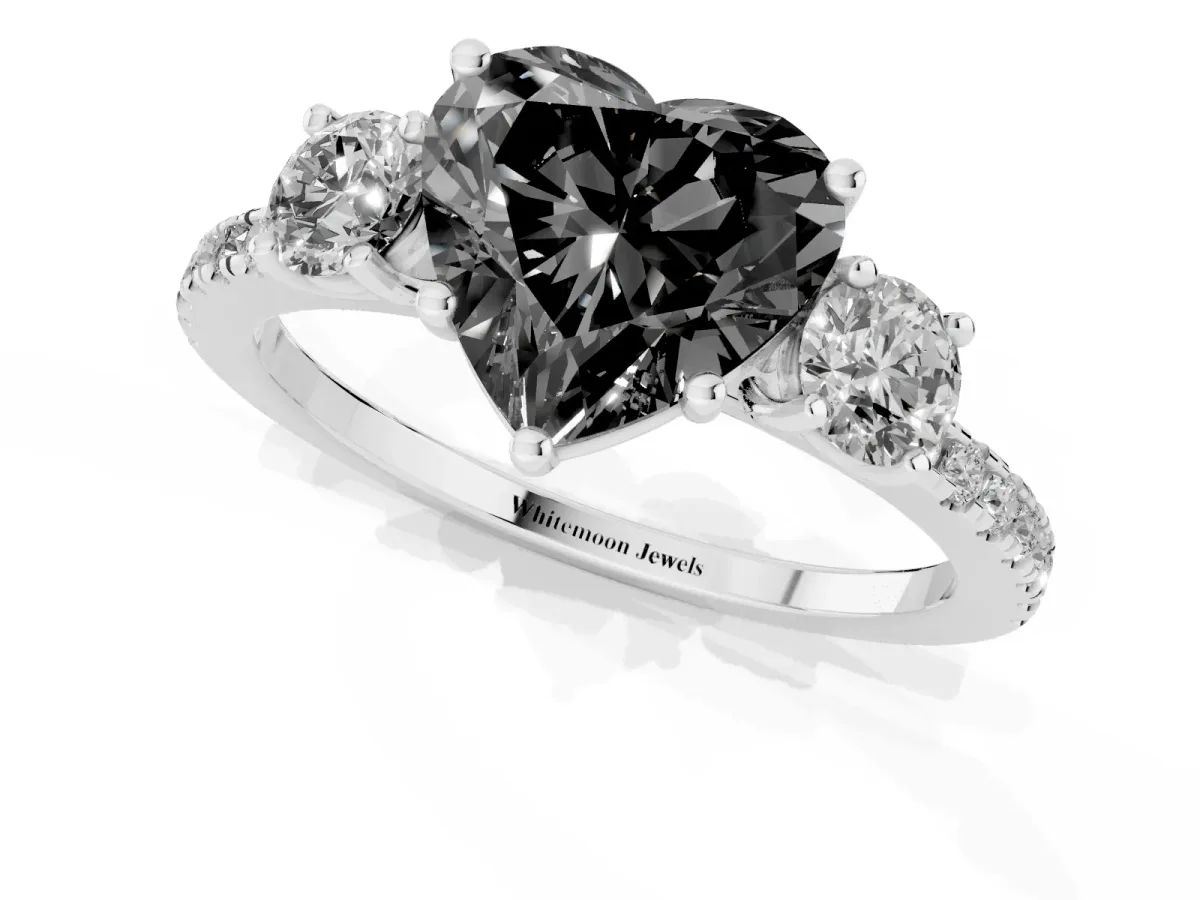 Fancy Black Three-Stone Heart Cut Cut Diamond Pavé Band with Prong Setting Silver
