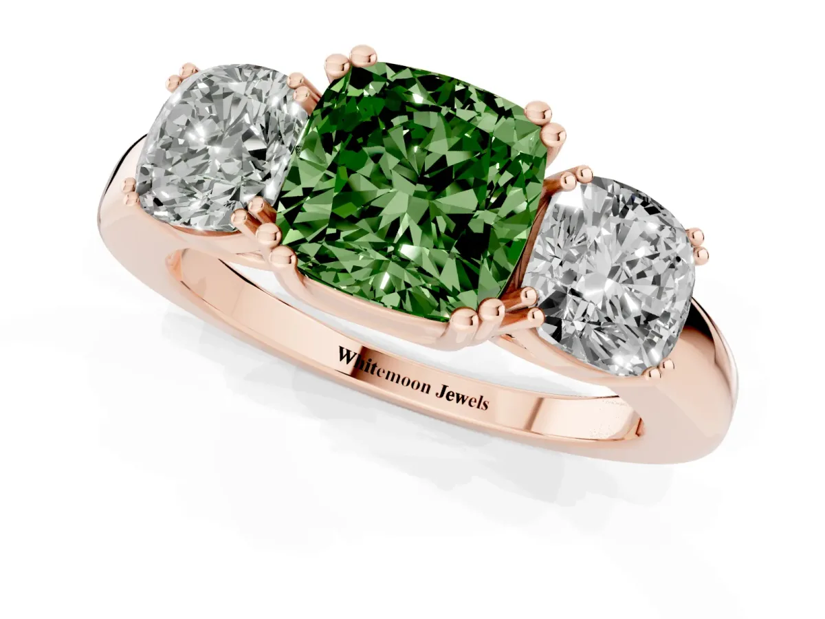 Fancy Green Three-Stone Cushion Cut Cut Diamond Ring with Channel Set Band and Four-Prong Setting Rose gold