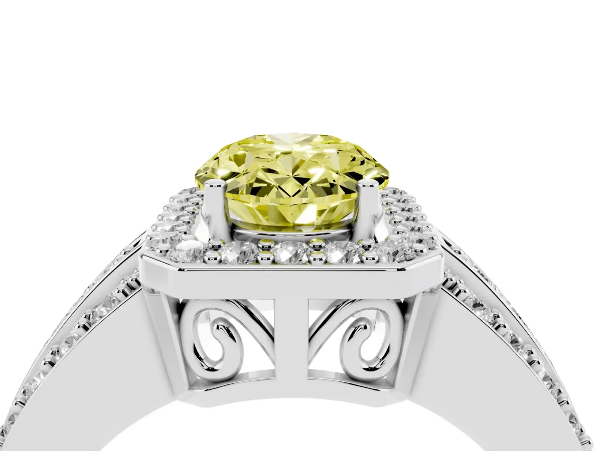 Fancy Yellow Oval Cut Halo Diamond Ring with Round Split Shank and Prong Setting Silver