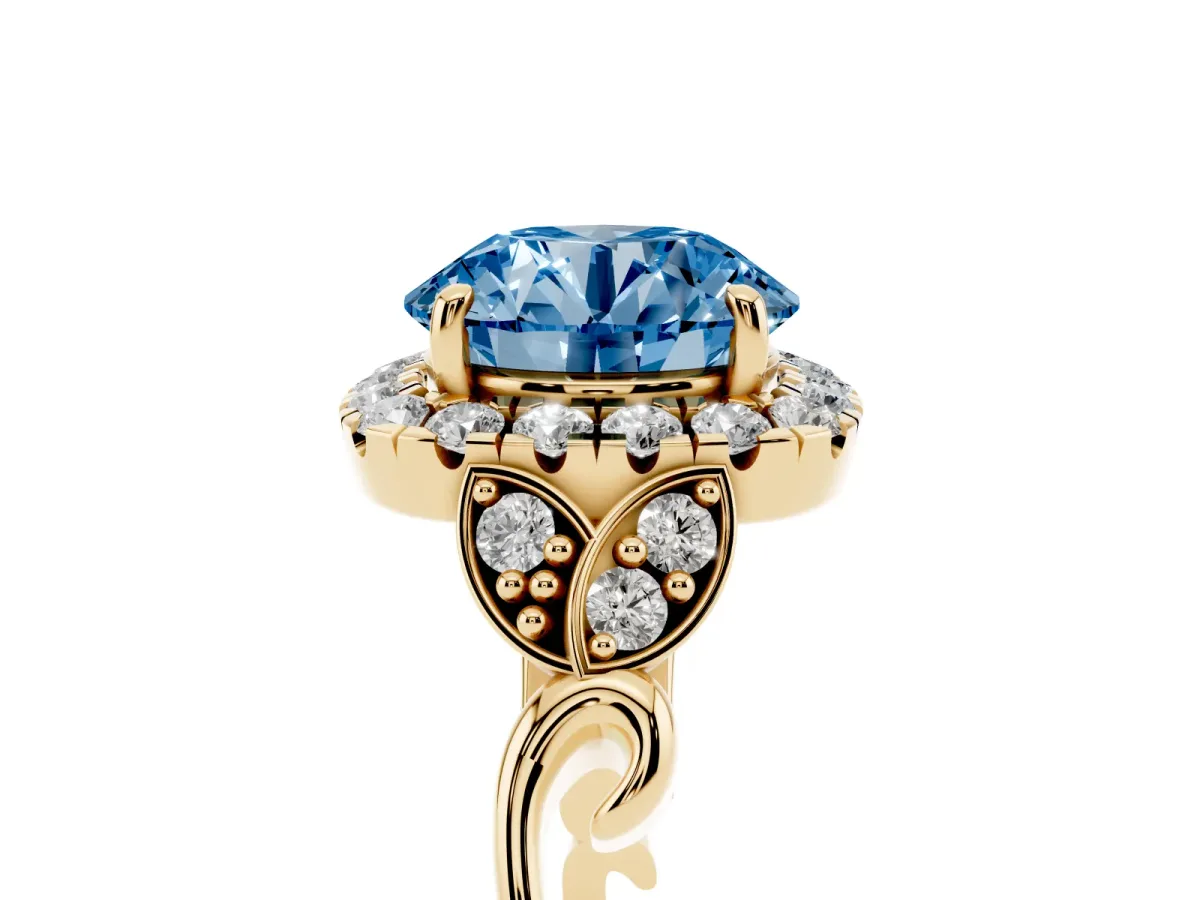 Fancy Blue Round Cut Halo Diamond Engagement Ring with Vintage-Inspired Band and Four-Prong Setting Yellow gold
