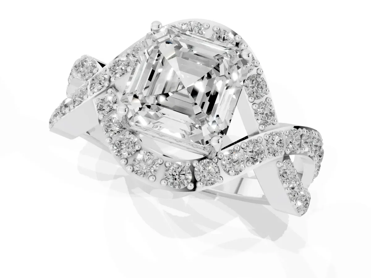 Asscher Cut Solitaire Twist Band Pavé Diamond Engagement Ring Silver