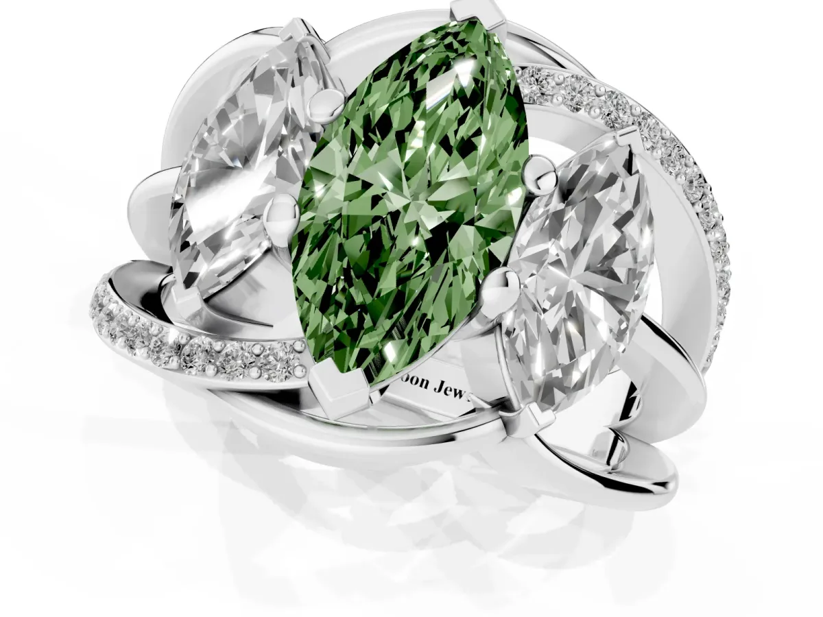 Fancy Green Three-Stone Marquise Cut Cut Diamond Split Shank Prong Set Ring Silver