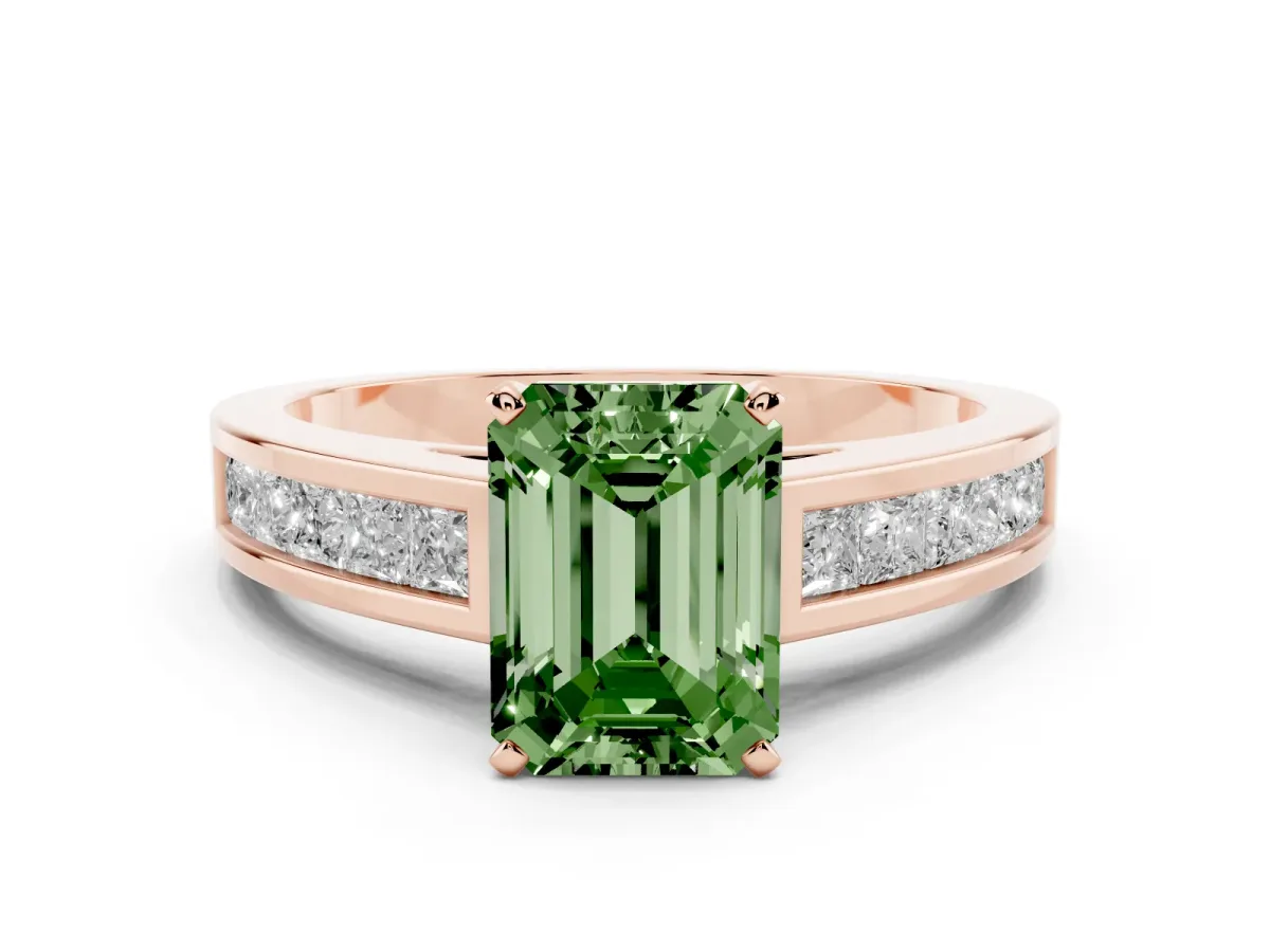 Fancy Green Emerald Cut Solitaire Diamond Ring with Channel-Set Band and Four-Prong Setting Rose gold