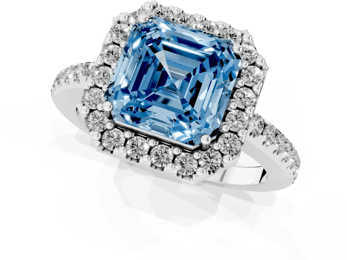 Fancy Blue Asscher Cut Diamond Pavé Halo Ring with Four-Prong Setting Platinum