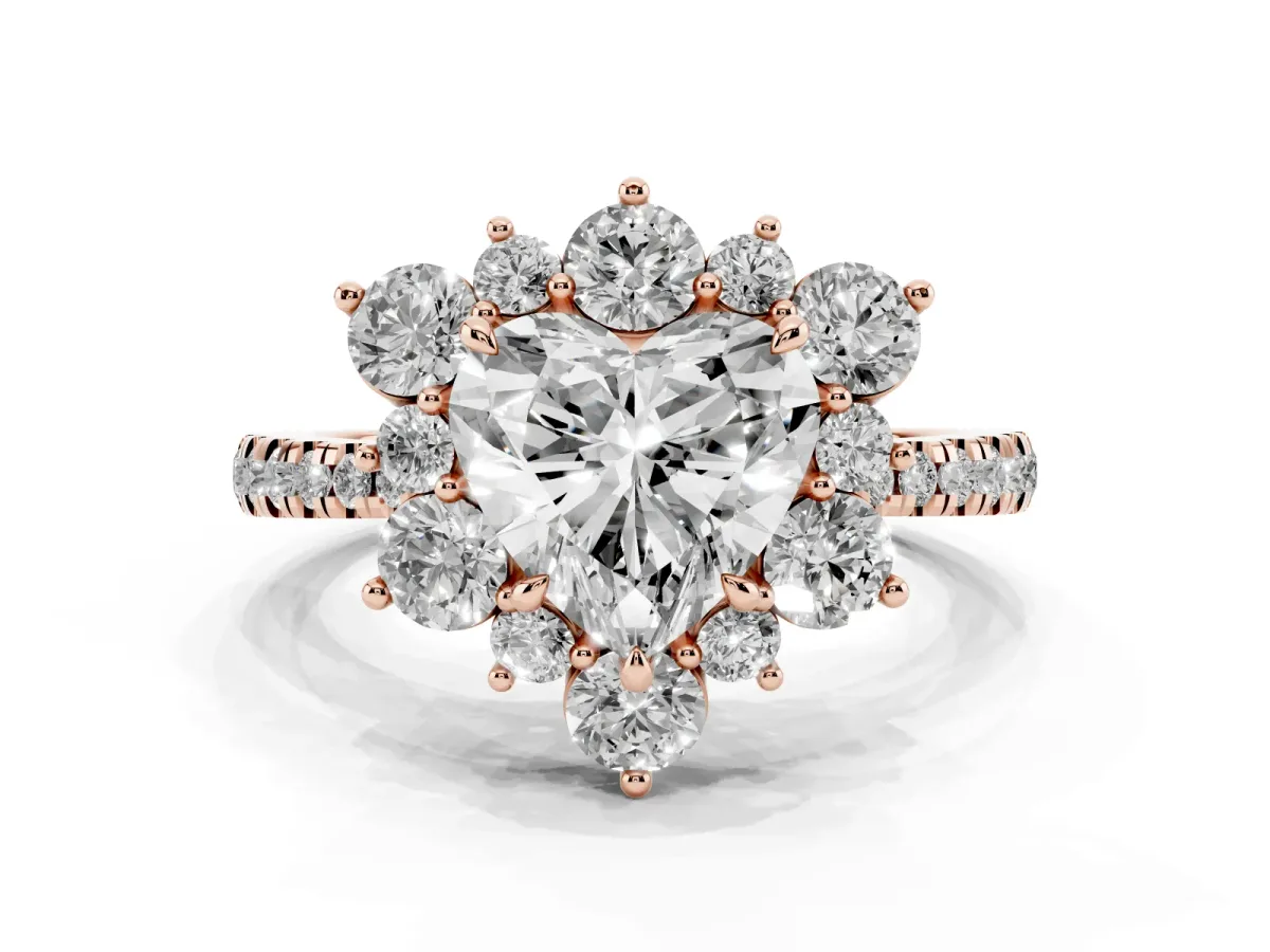 Heart Cut Diamond Floral Halo Ring with Round Pavé Band and Prong Setting Rose gold
