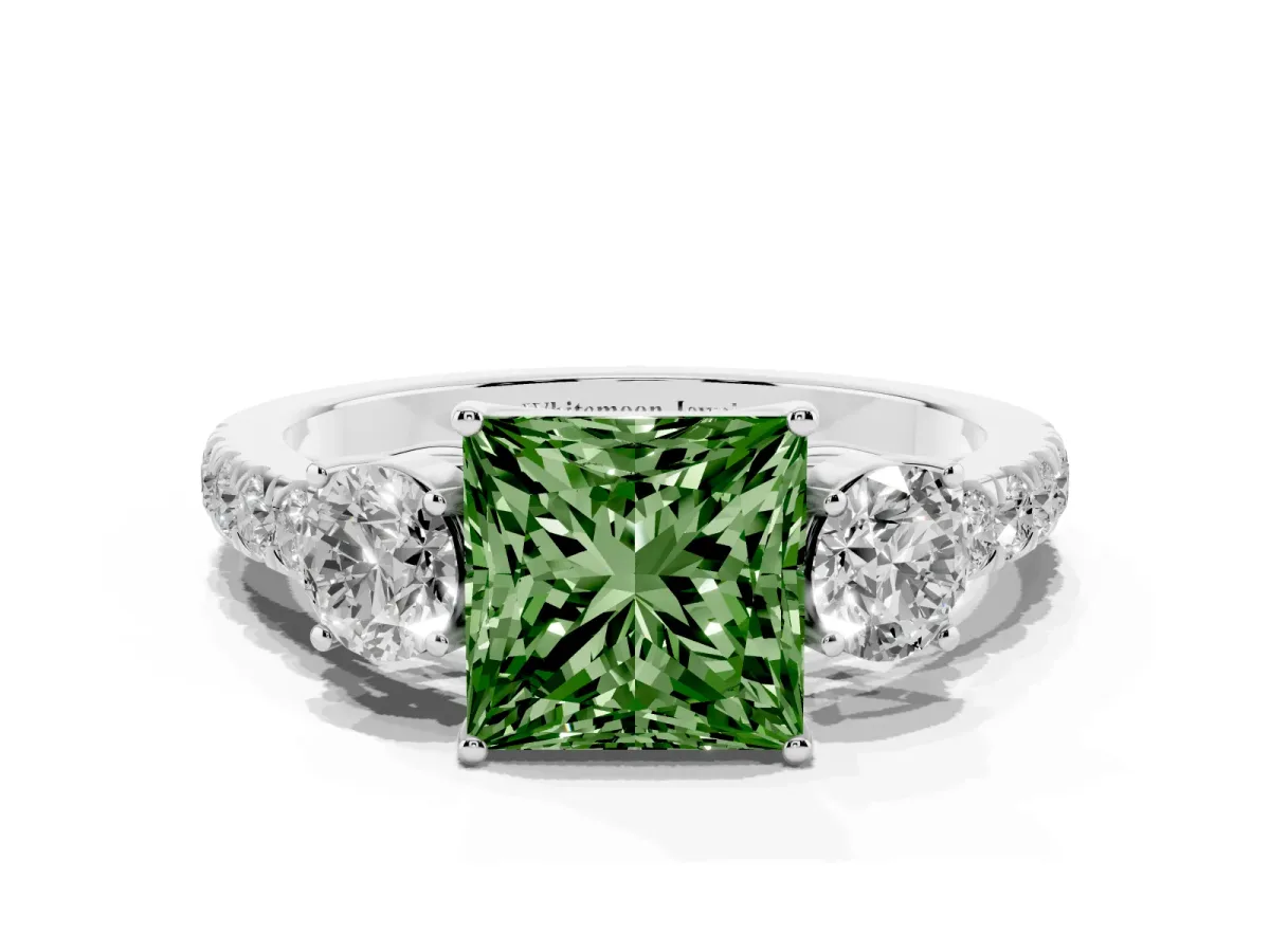 Fancy Green Princess Cut Cut Diamond Three-Stone Ring with Round Side Stones and Pavé Band Silver