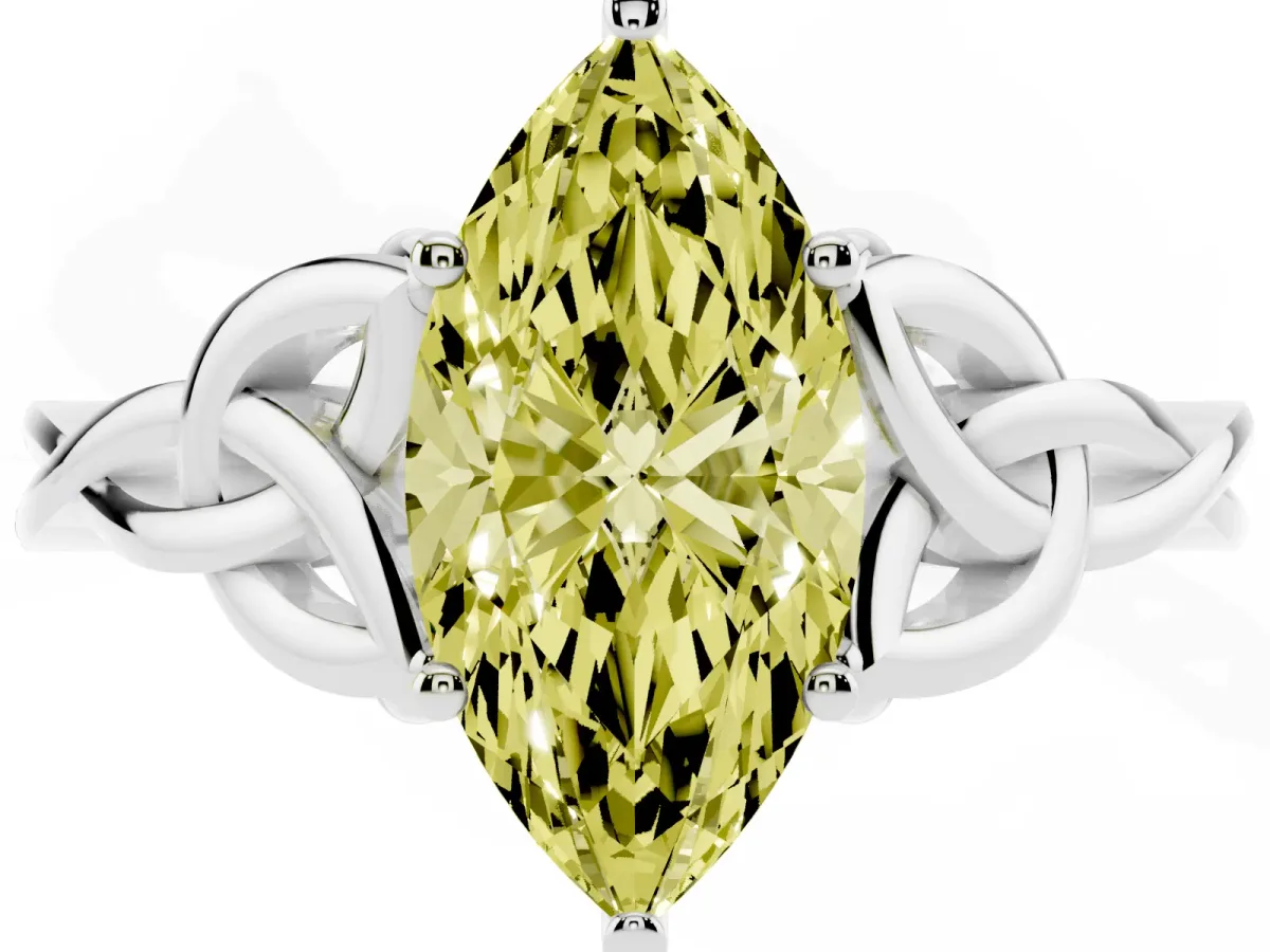 Fancy Yellow Marquise Cut Diamond Solitaire Engagement Ring with Celtic Knot Band and Four-Prong Setting Platinum