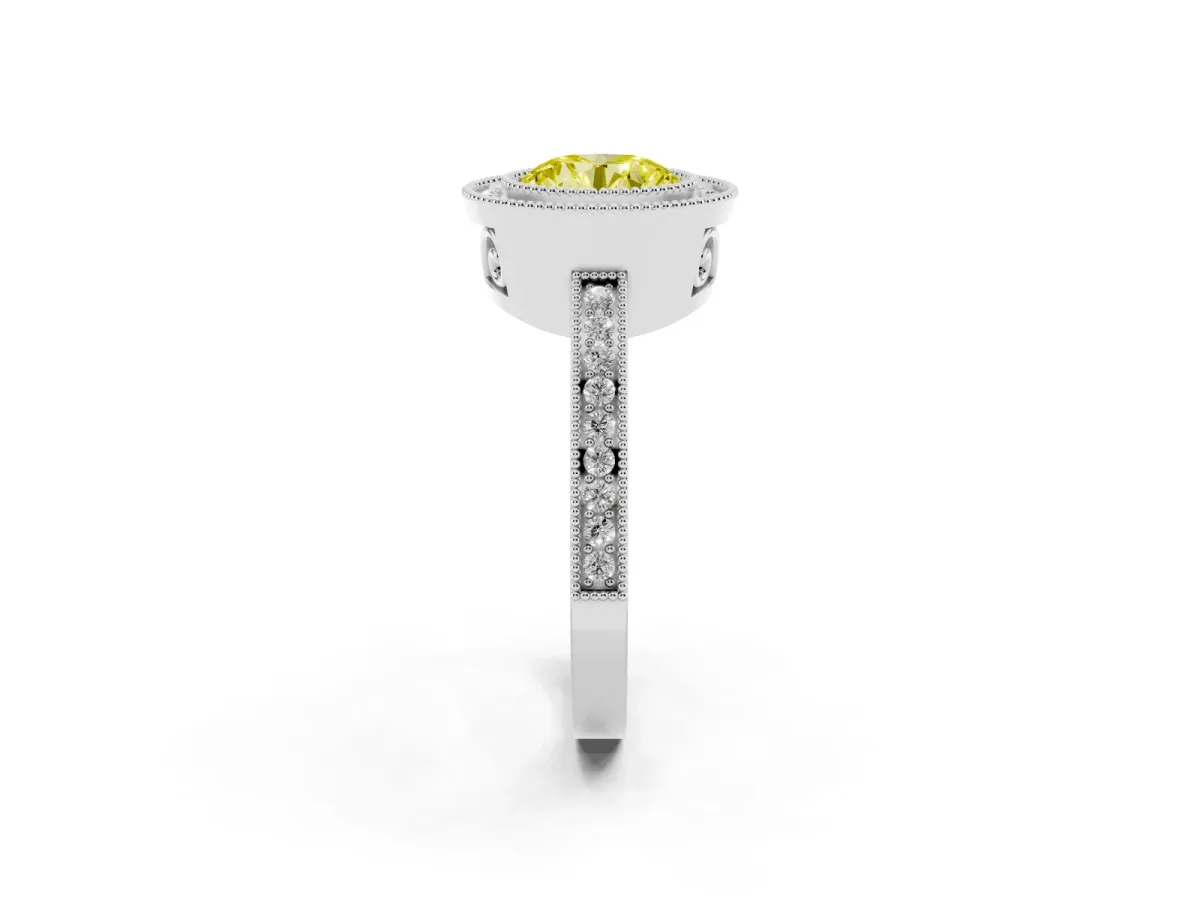 Fancy Yellow Round Cut Cut Halo Diamond Ring with Pavé Band and Milgrain Prong Setting White gold