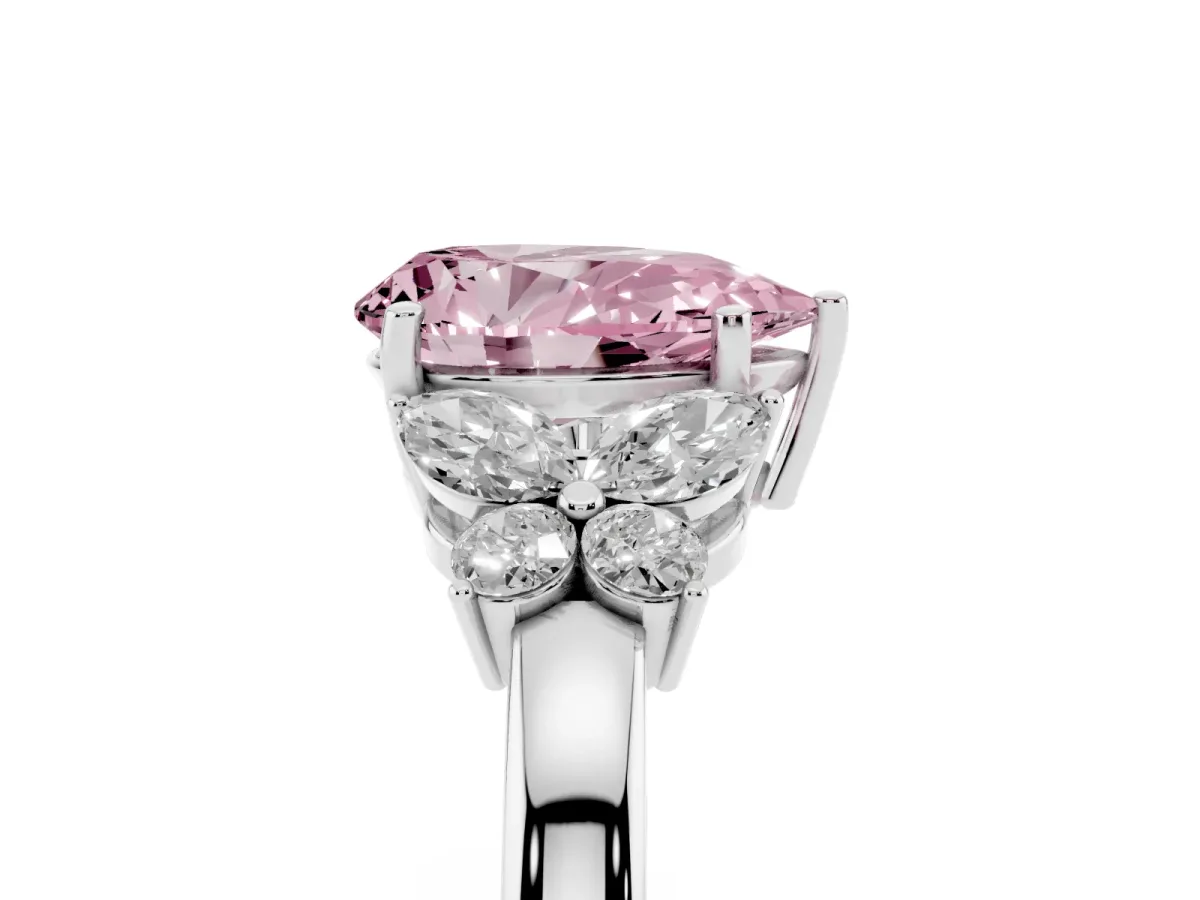 Fancy Pink Pear Cut Cut Solitaire Floral Diamond Ring with Four-Prong Setting Platinum
