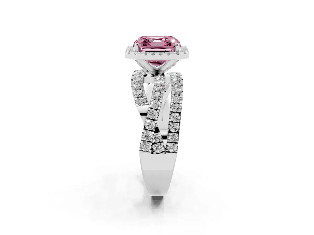 Fancy Pink Asscher Cut Diamond Halo Ring with Round Split Shank and Prong Setting Silver
