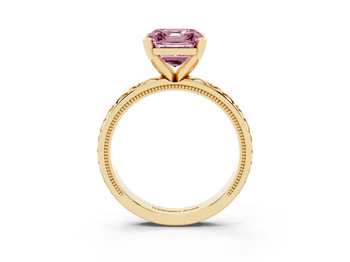 Fancy Pink Asscher Cut Solitaire Diamond Engagement Ring with XO Engraved Band and Four-Prong Setting Yellow gold