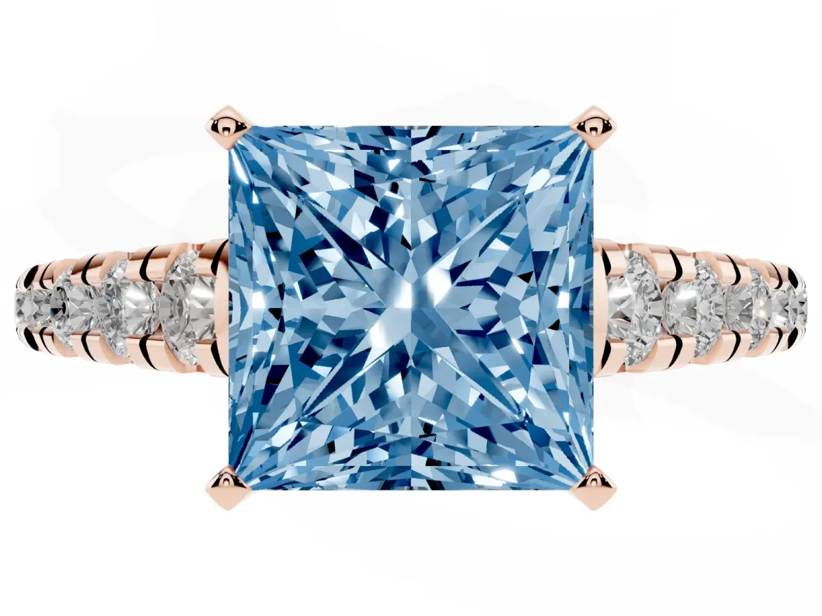 Fancy Blue Princess Cut Diamond Cathedral Solitaire Ring with Round Pavé Band Rose gold