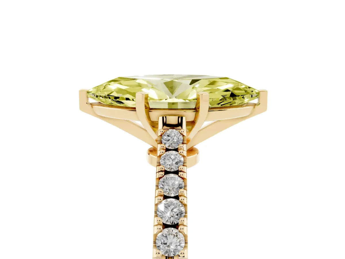 Fancy Yellow Marquise Cut Cut Solitaire Diamond Engagement Ring with Pave Band and Four-Prong Setting Yellow gold