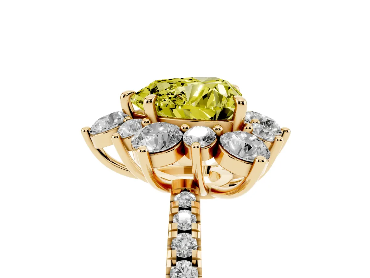 Fancy Yellow Heart Cut Diamond Floral Halo Ring with Round Pavé Band and Prong Setting Yellow gold