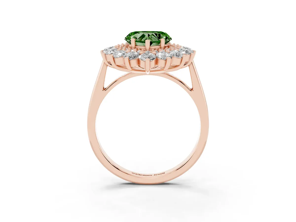 Fancy Green Heart Cut Diamond Floral Double Halo Engagement Ring with Prong Setting Rose gold