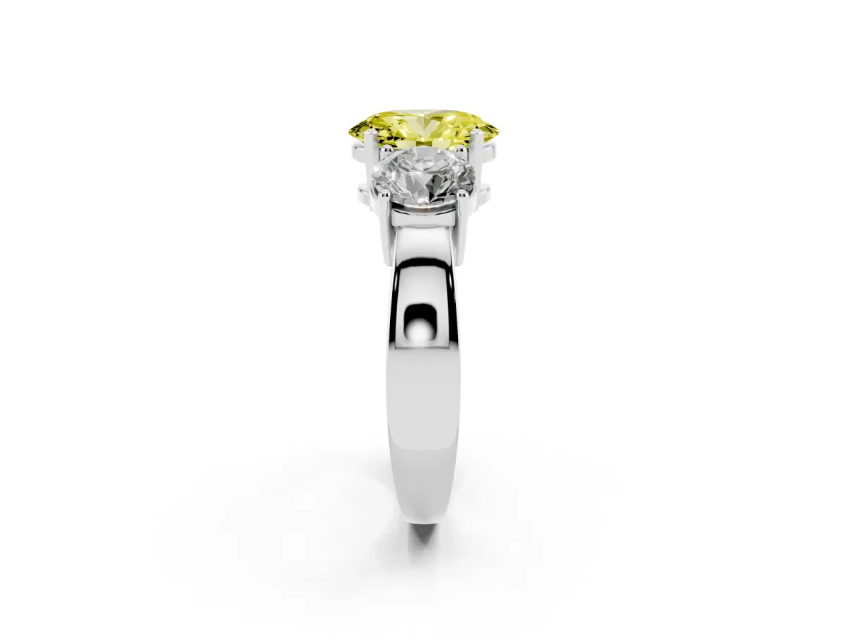 Fancy Yellow Three-Stone Oval Cut Diamond Ring with Round Side Stones, Classic Band, and Four-Prong Setting Silver