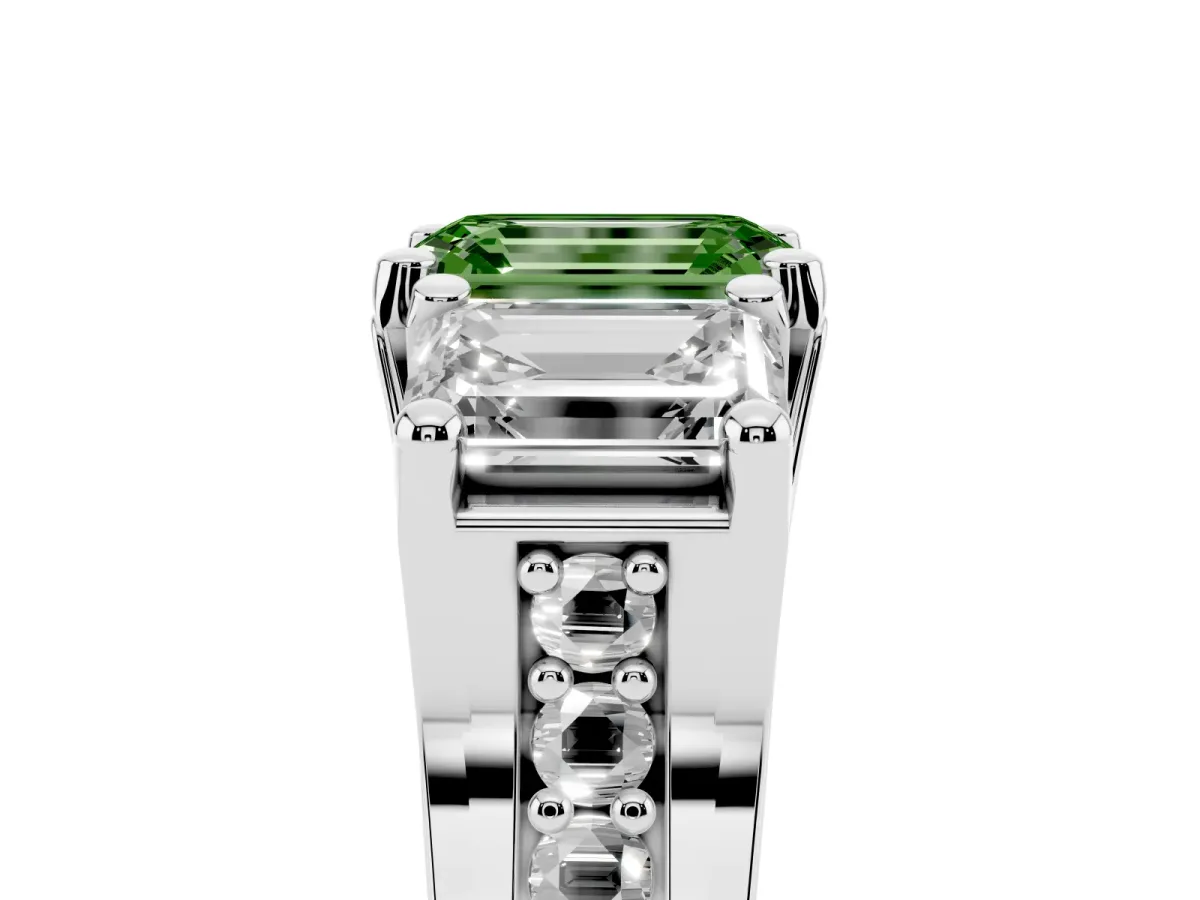 Fancy Green Emerald Cut Diamond Three-Stone Ring with Channel Set Band and Four-Prong Setting Platinum