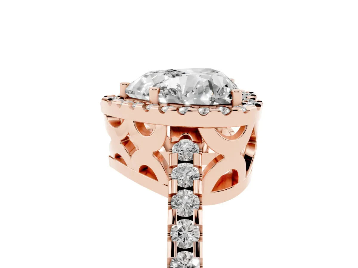 Heart Cut Diamond Halo Engagement Ring with Pavé Band and Prong Setting Rose gold